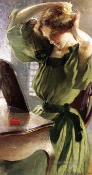 髪を整える若い女性 ジョン・ホワイト・アレクサンダー Oil Paintings